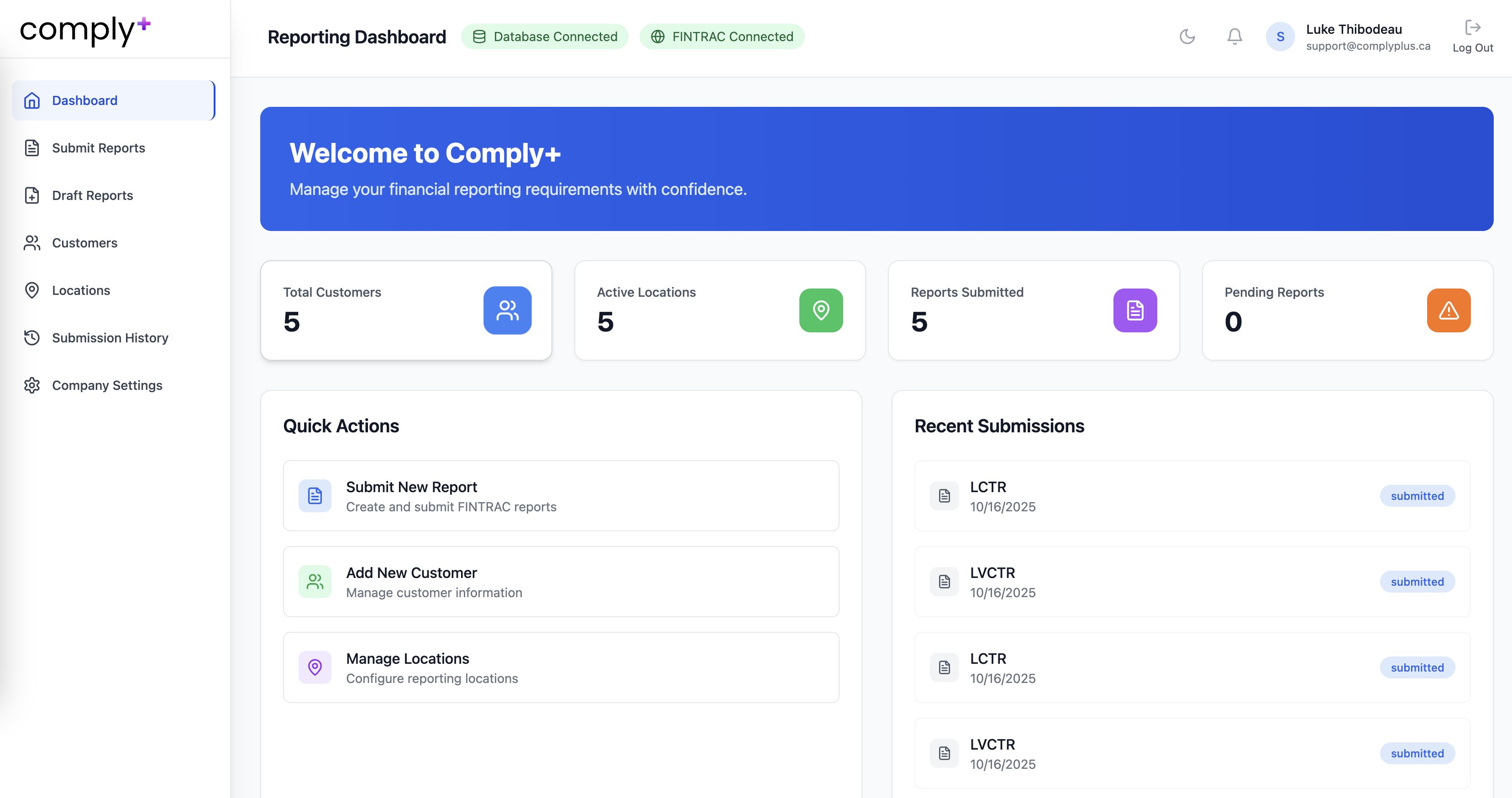 Comply+ dashboard showing stats tiles and quick actions.